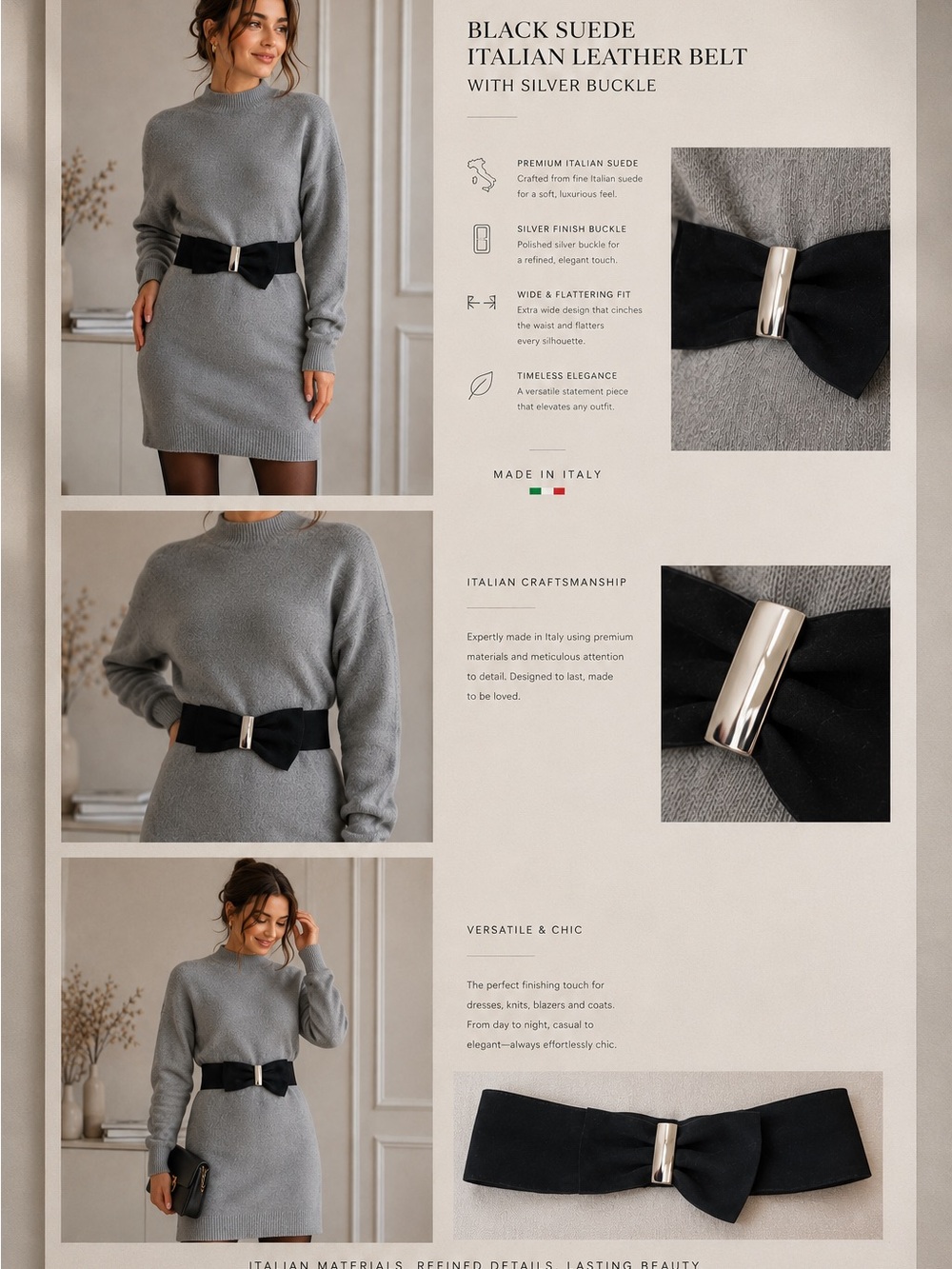 Black Suede Bow Waist Belt with Silver Buckle